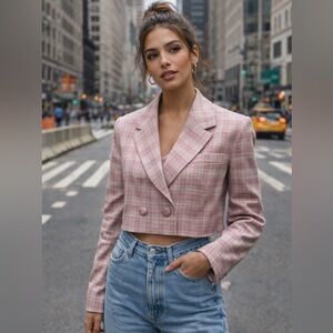 Anthropologie Avec Les Filles Pink Checkered Cropped Blazer